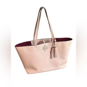 Tory Burch Leather Tote with Tassels in pale pink